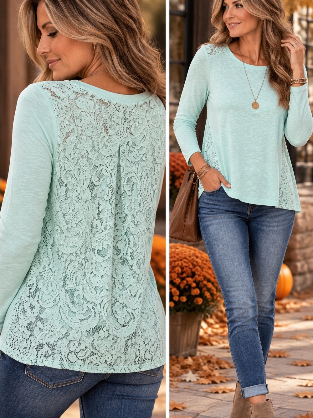 Lord & Taylor Mint Green Lace Back Long Sleeve Top M